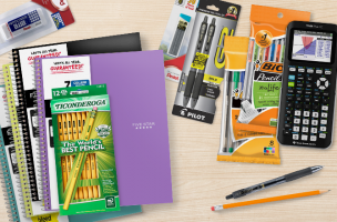 Picture of pens, pencils, notebooks, and calculator. Shop Supply Must Haves.