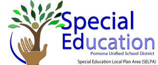 Image has a hand and a tree growing out from the palm, three fingers include the following text; inclusion, collaboration and TEAM. opposite to that text reads: Special Education, Pomona Unified School District, Special Education Local Plan Area