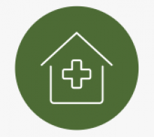 Green circle with outline of home and care insignia in white inside