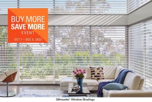 Living room area with beautiful sheer shading by Hunter Douglas over looking the outdoor garden. 