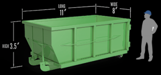 10 yard roll off dumpsters hold approximately 4 pick-up trucks of waste material. These dumpsters are most often used for smaller projects such as garage/basement clean outs, small bathroom remodels, kitchen remodels, small roof replacements up to 1500 sq ft or a small deck removal up to 500 sq ft.